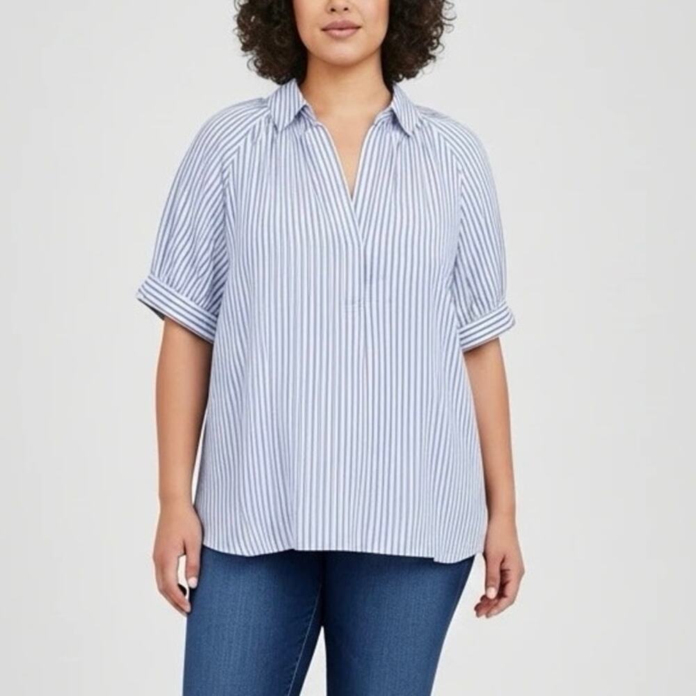Max Studio Striped White/Blue Puff Sleeve Button-Up Blouse Short Sleeve Sz XL
